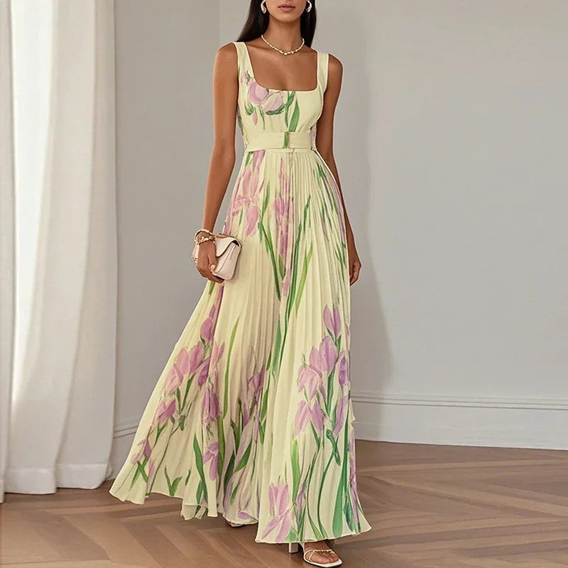 Beautiful women's floral A-line maxi dress, an elegant long V-neck formal gown for special occasions & weddings.