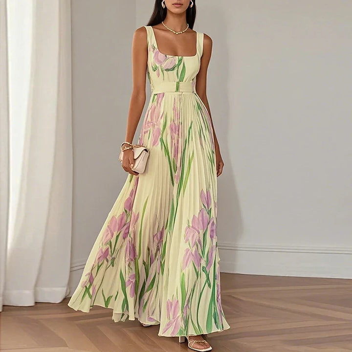 Beautiful women's floral A-line maxi dress, an elegant long V-neck formal gown for special occasions & weddings.
