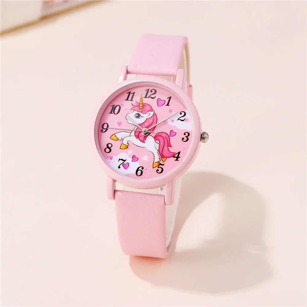 Girls' Magical Unicorn watch with a pink PU leather band, perfect for kids learning to tell time.