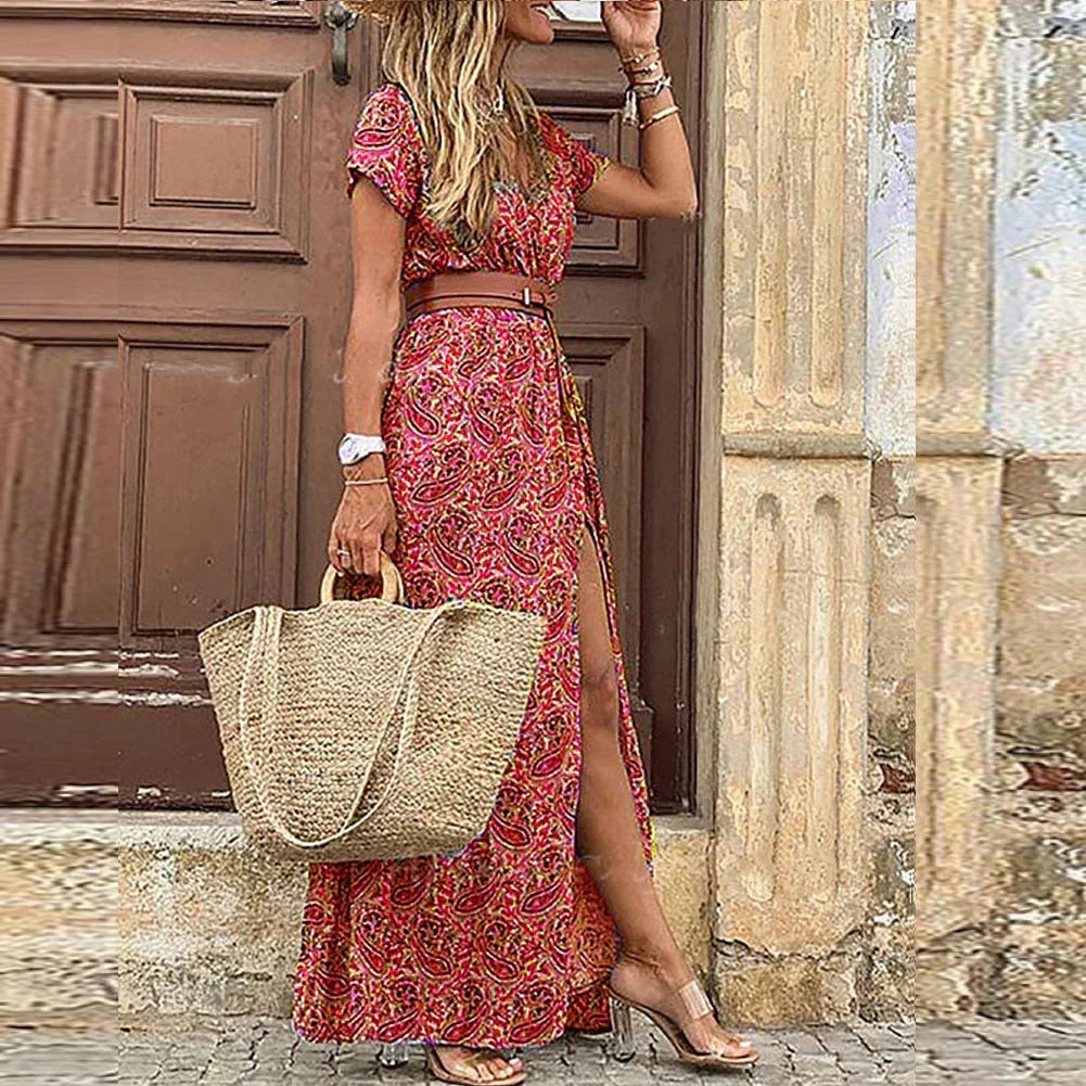 Versatile women's flowy maxi dress, an elegant bohemian style for summer, beach, and casual wear.