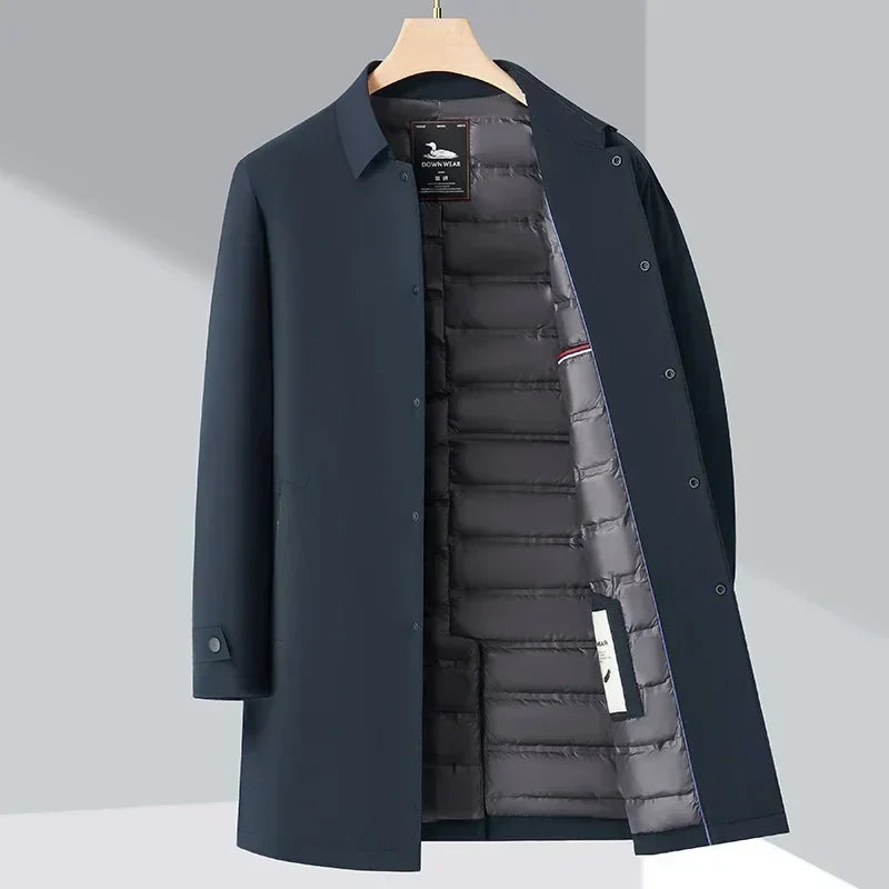 Men's classic water-repellent trench coat, down-filled for warmth, ideal for fall/winter. Tailored fit, elegant style.