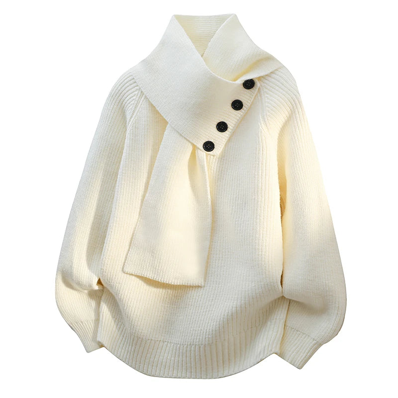Elegant women's scarf-neck sweater in soft knit, perfect for stylish winter fashion & cozy comfort.