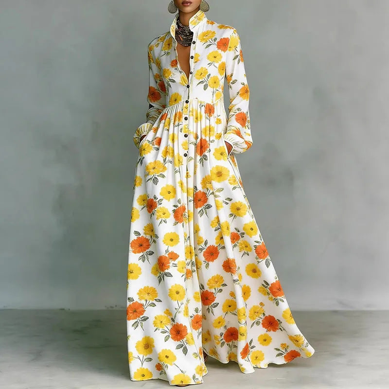 Modest women's long floral maxi dress, features a button front for an elegant and relaxed summer look.