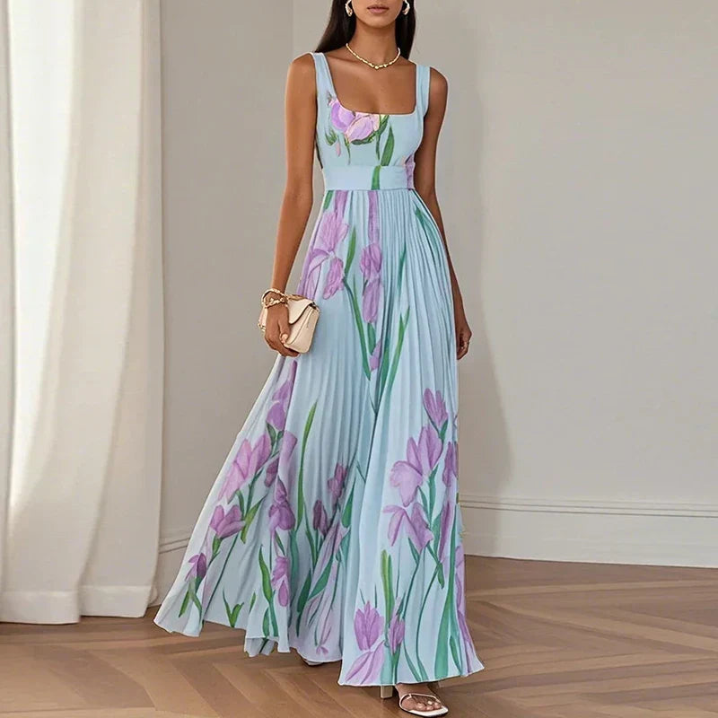 Women's A-line floral maxi wedding guest dress with V-neck. Elegant formal long spring/summer occasion wear.