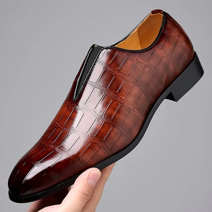 Men's glossy black crocodile pattern slip-on brogues, elegant dress shoes for formal and office wear.