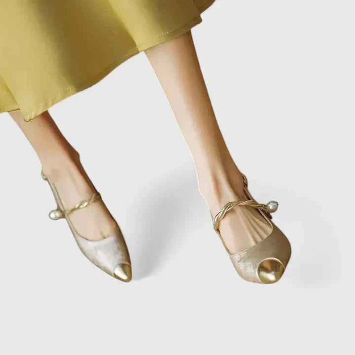 Stylish women's orthopaedic kitten heels with pearl straps, elegant floral design for comfort.
