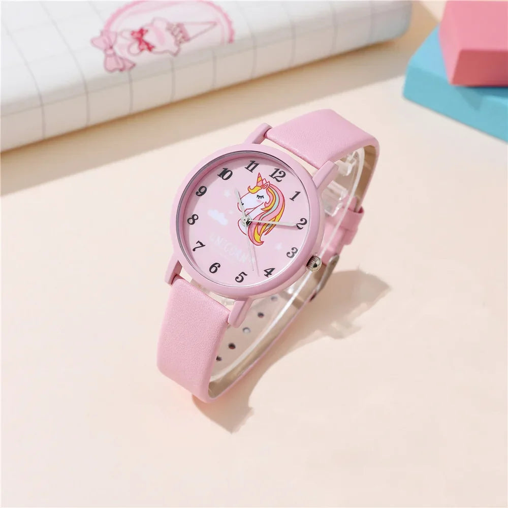 Stylish girls' unicorn watch with a soft pink PU leather band, ideal for everyday wear.