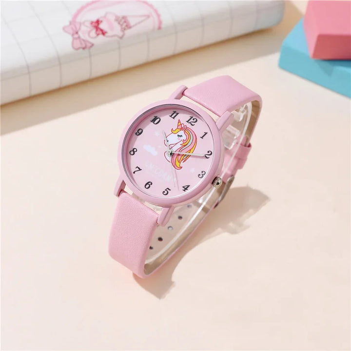 Stylish girls' unicorn watch with a soft pink PU leather band, ideal for everyday wear.