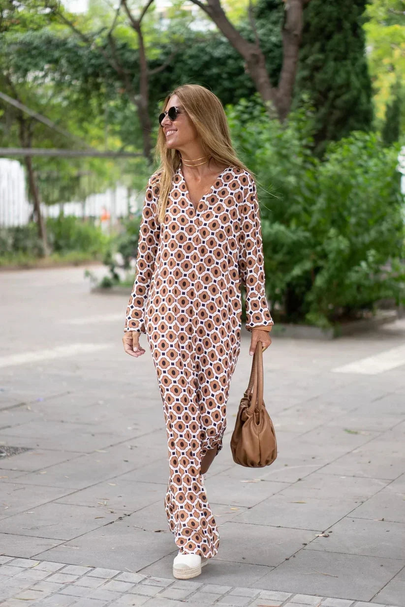 Brown flowy summer maxi dress for women, comfortable & elegant. Perfect versatile casual wear.