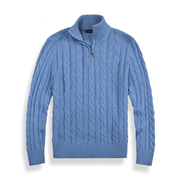 Versatile men's quarter-zip cable knit sweater, perfect for autumn/winter layering & sophisticated casual style.