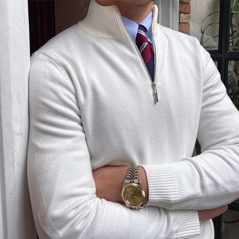 Soft knit men's quarter zip mock neck sweater, designed for a tailored fit and comfortable everyday layering.