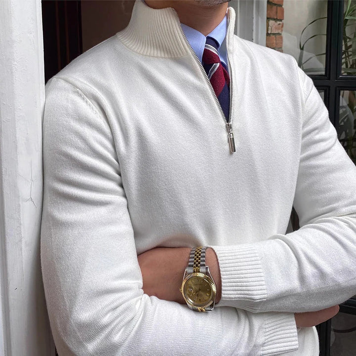Soft knit men's quarter zip mock neck sweater, designed for a tailored fit and comfortable everyday layering.