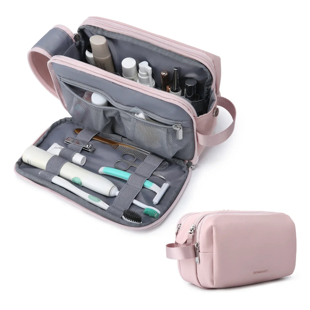 Unisex water-resistant travel toiletry bag with multiple zippered compartments, ideal for organized grooming.