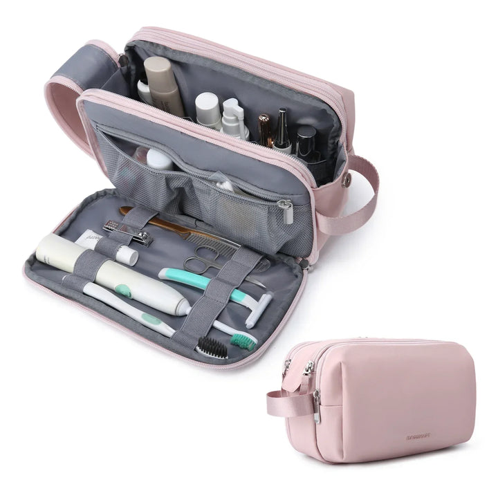 Unisex water-resistant travel toiletry bag with multiple zippered compartments, ideal for organized grooming.