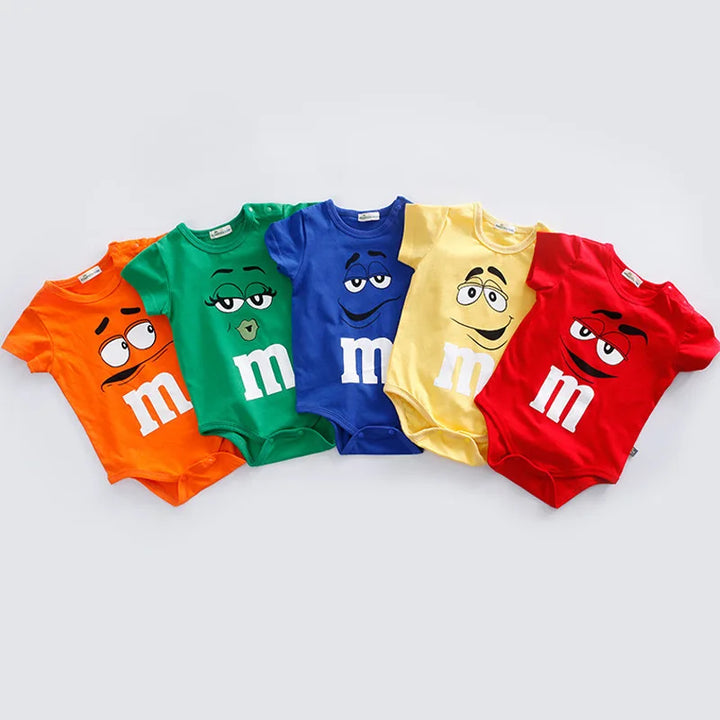 Comfortable toddler & baby romper. Colorful, short sleeve, with playful sweet treat faces for daily wear.
