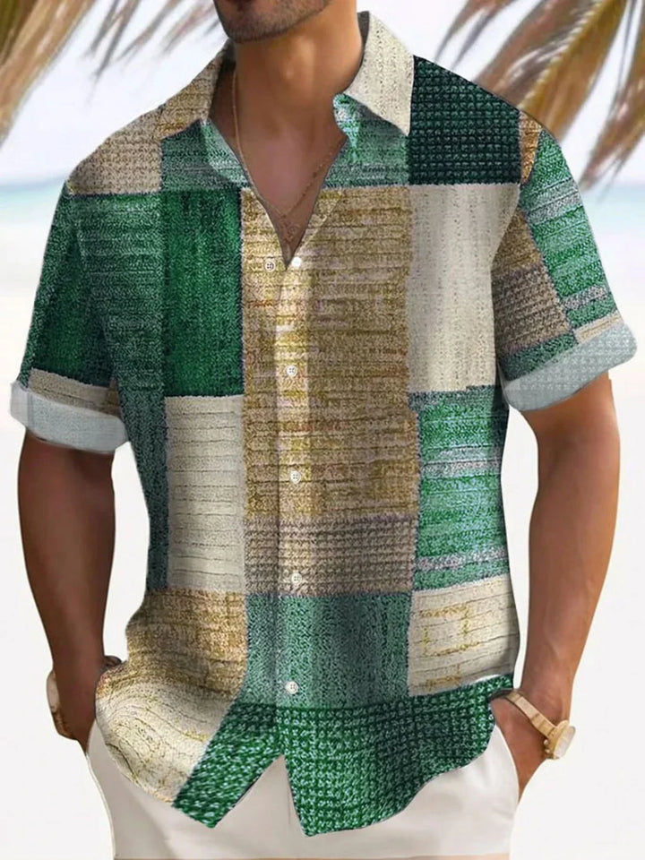 Men's stylish vintage patchwork summer shirt, short sleeve, relaxed fit. Perfect for casual outings.