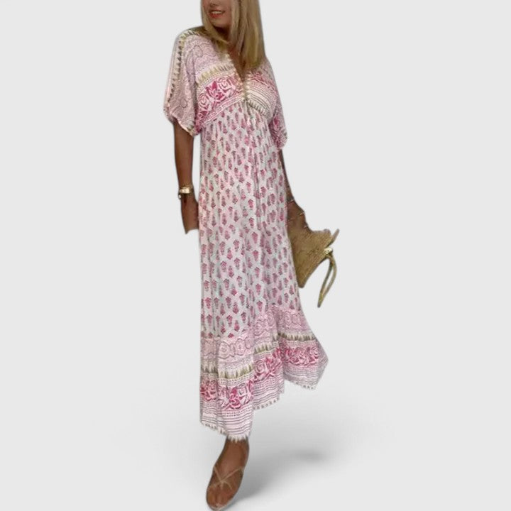 Comfortable women's flowy boho maxi dress, ideal summer sundress for beachwear, vacations, or relaxed casual style.