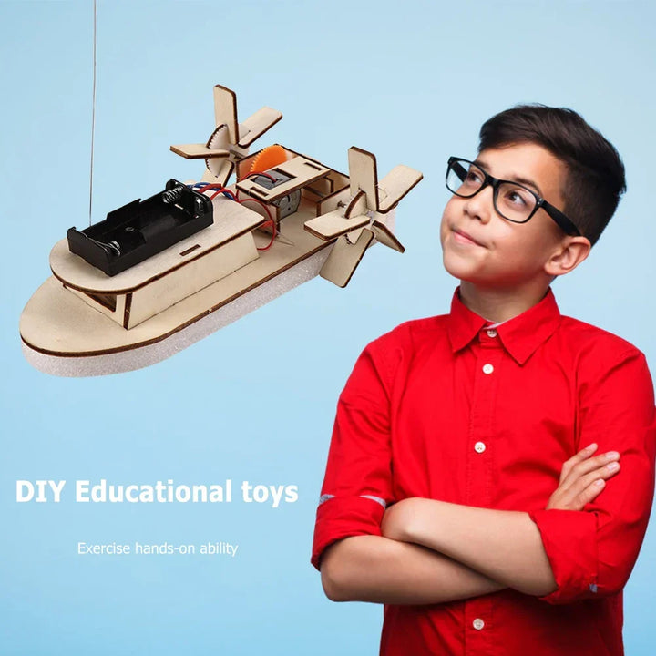 Kids' DIY wooden boat kit; an educational electric toy for young builders & science enthusiasts.