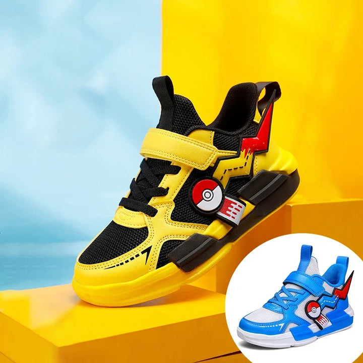 Kids' Pokémon sneakers with vibrant Pikachu design, comfortable and breathable for school or play, velcro closure.