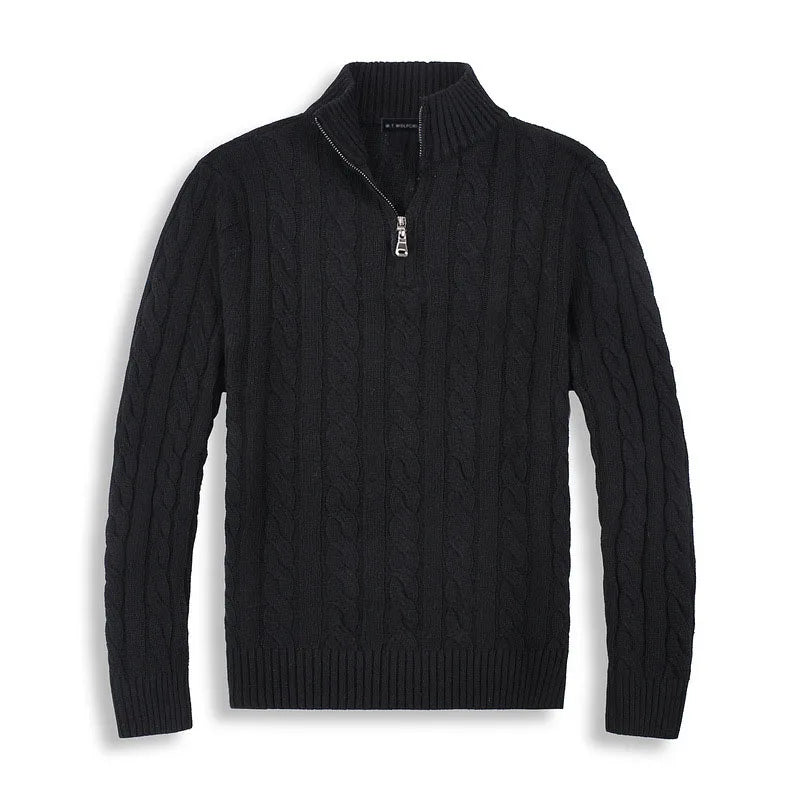 Sophisticated men's quarter-zip cable knit sweater, textured and comfortable for versatile autumn/winter wear.