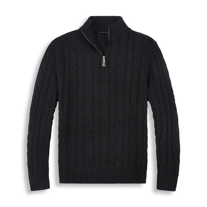 Sophisticated men's quarter-zip cable knit sweater, textured and comfortable for versatile autumn/winter wear.