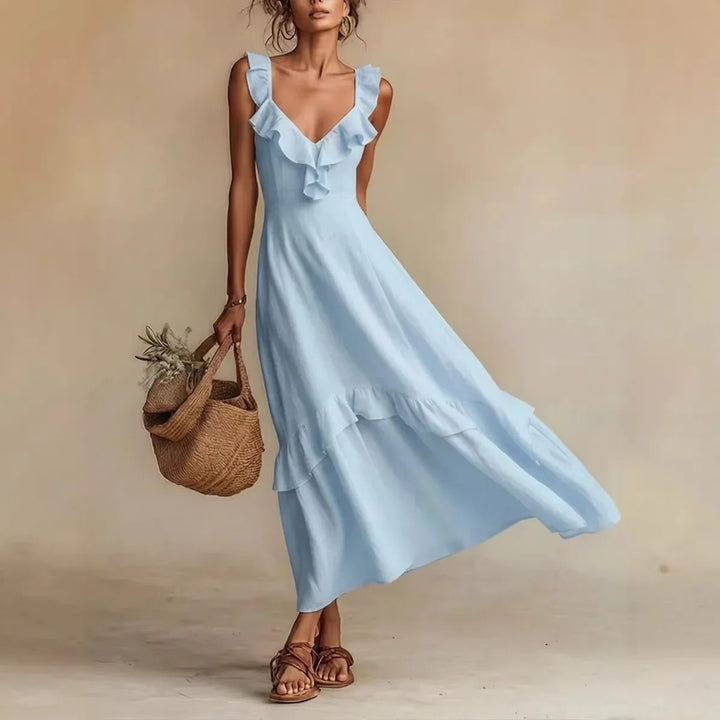 Women's elegant ruffle trim A-line maxi dress with V-neck, sleeveless design, and flowy tiered hem for summer.