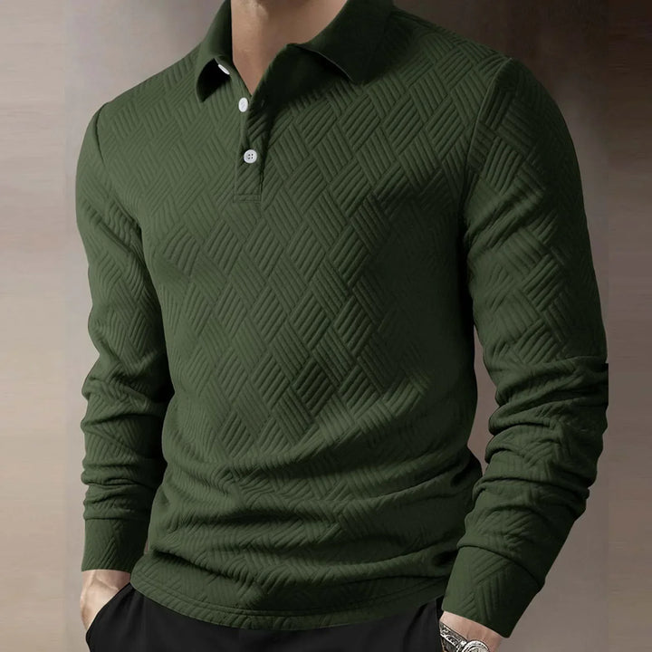 Versatile men's long sleeve polo shirt in comfort fit, perfect for smart casual fashion.