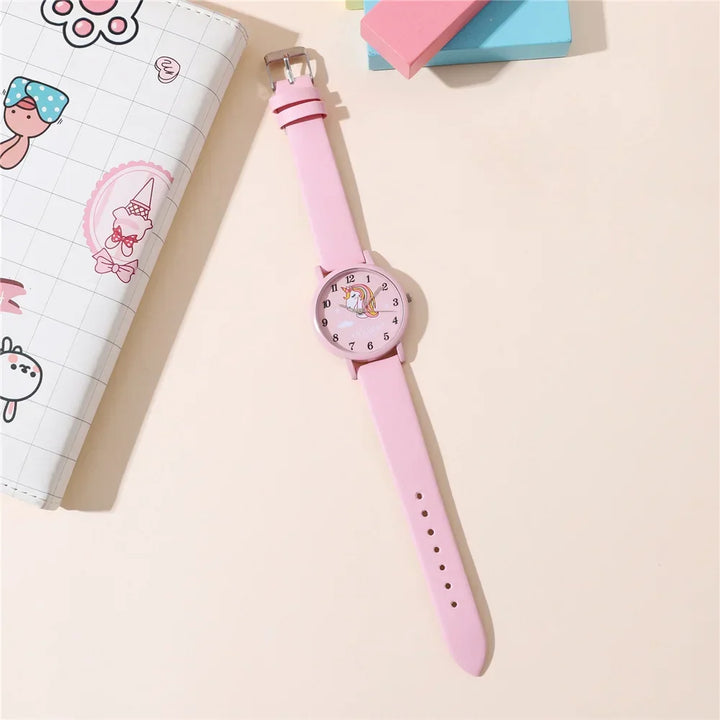 Adorable girls' unicorn watch featuring a vibrant cartoon design and a high-quality PU leather band.