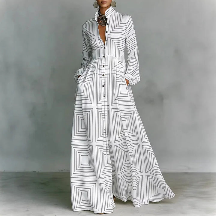 Chic floral pattern women's maxi dress with functional button front, offering modest and relaxed style.