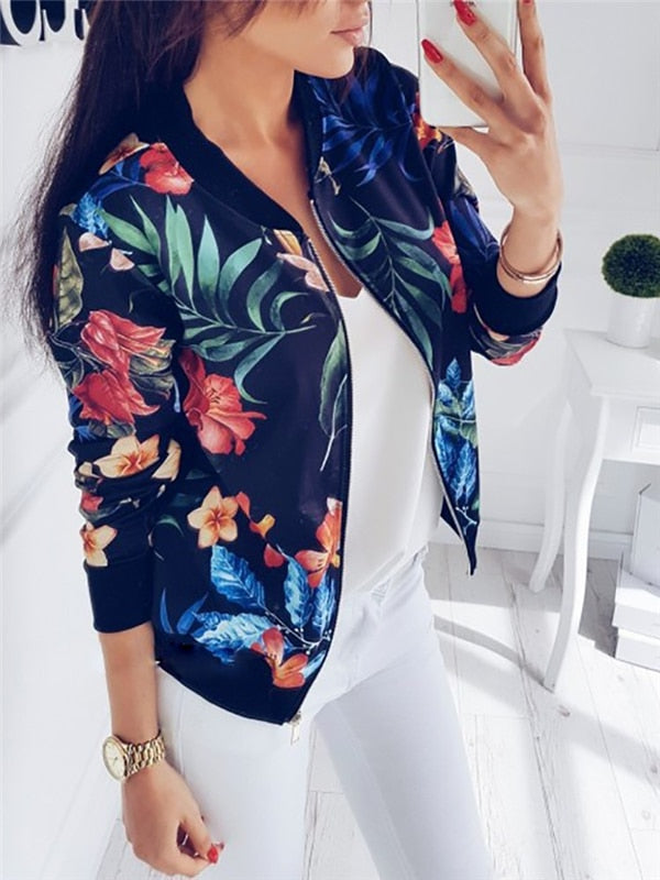 Everyday women's floral bomber jacket, lightweight zip-front design for a fashionable casual outerwear look.