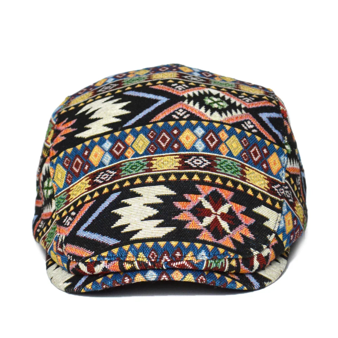 Close-up of a vibrant, multicolored Aztec print baseball cap. Patterned hat, casual & stylish.