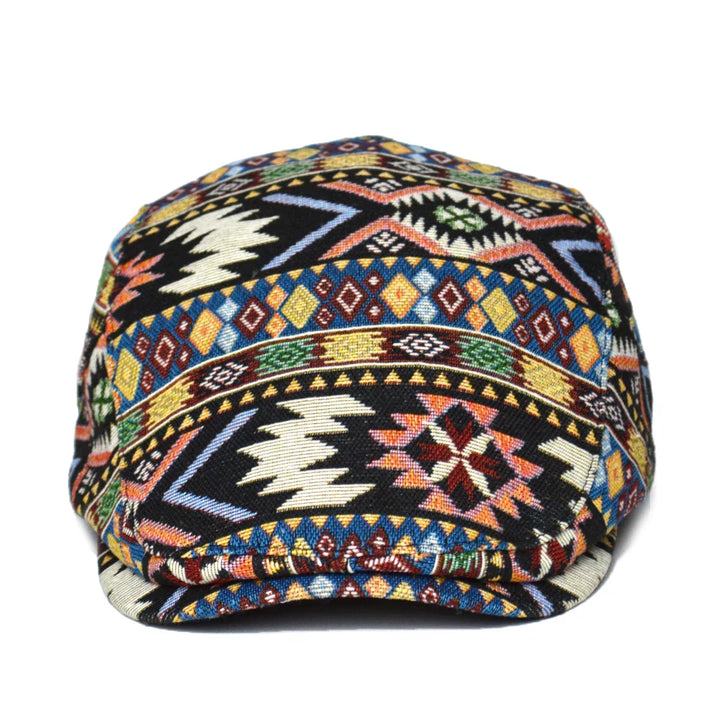 Close-up of a vibrant, multicolored Aztec print baseball cap. Patterned hat, casual & stylish.