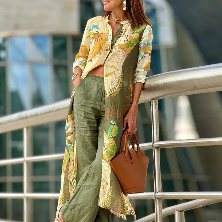 Chic women's printed shirt & wide leg trousers two-piece set. Elegant, coordinated spring/summer fashion outfit.