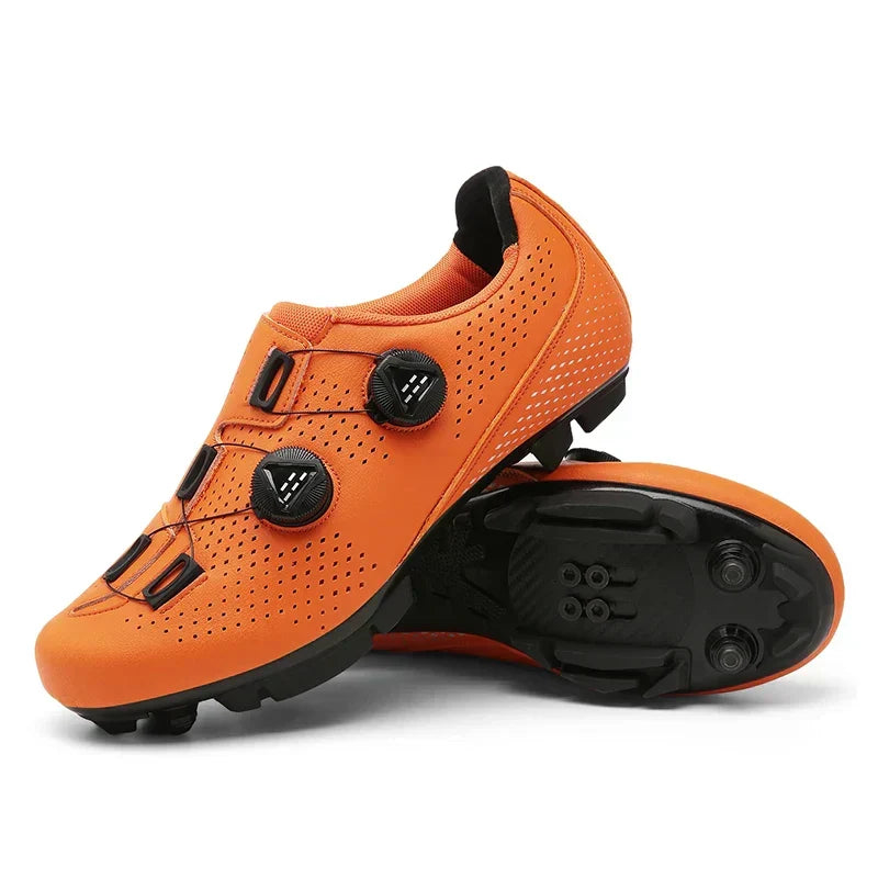 Lightweight unisex cycling shoes securely clipped, ready for demanding MTB trails & high-speed road races.