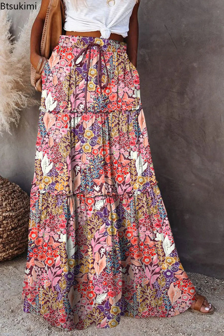 Printed high-waisted maxi skirt, A-line floral pattern, an elegant addition to any wardrobe.