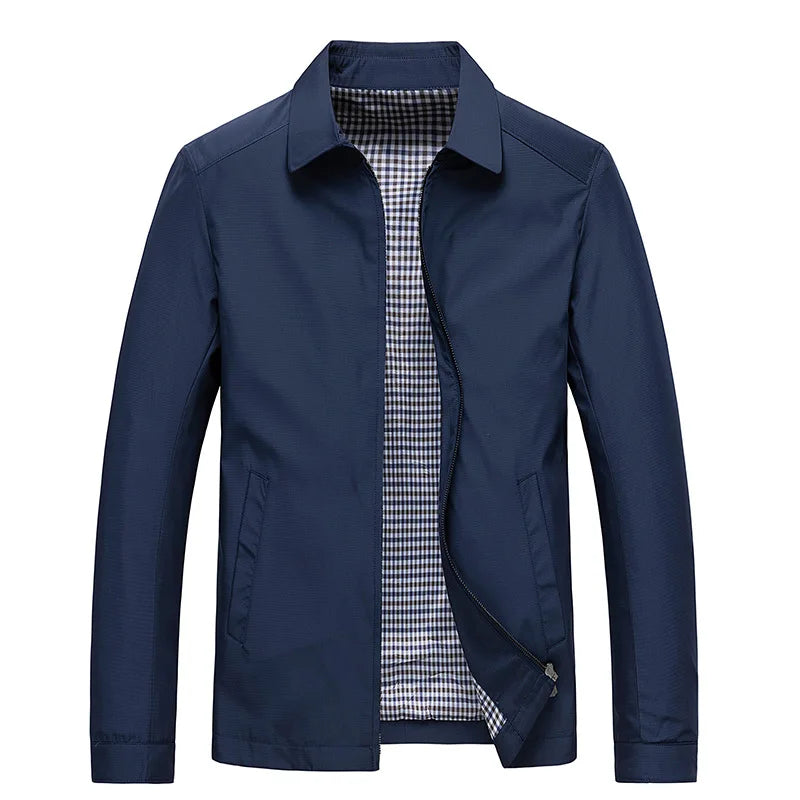 Men's casual zip-up jacket, modern style with point collar & plaid lining. Perfect versatile outerwear.