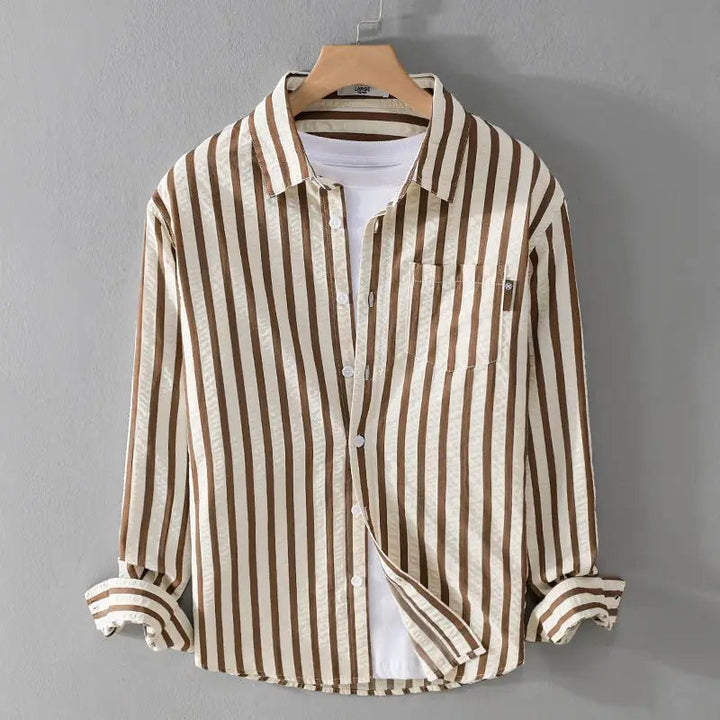 Classic men's striped button-down shirt. Long-sleeve, tailored for casual or formal men's fashion & comfort.