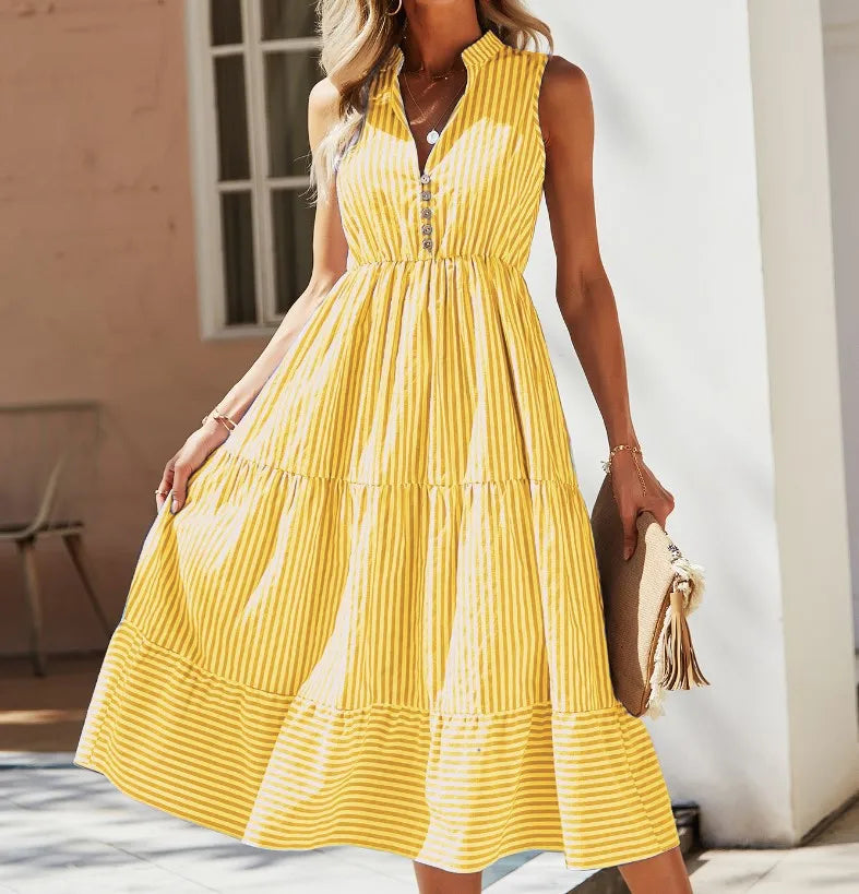Women's casual striped sleeveless midi dress, tiered with button-down front. Elegant summer vacation & day wear.