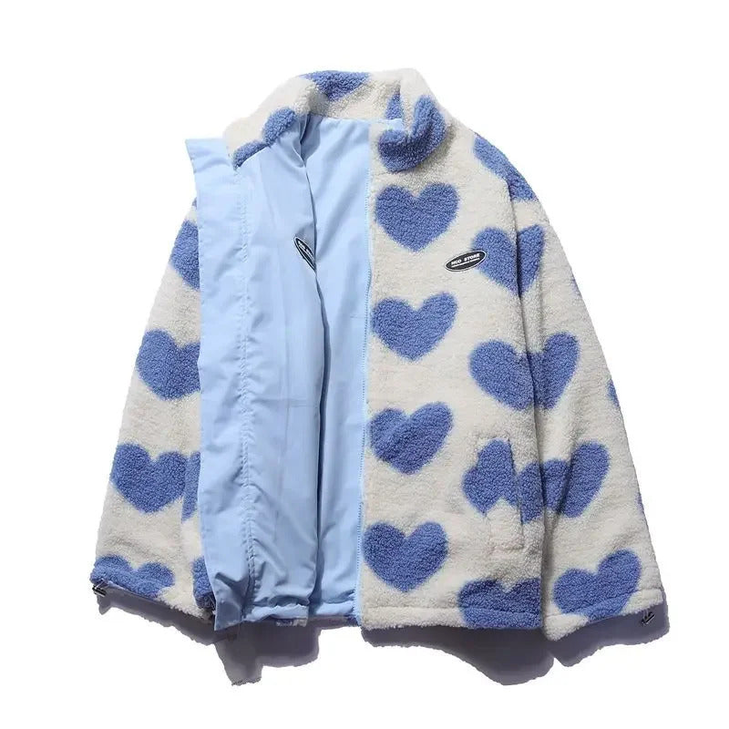 Stylish women's outerwear: reversible jacket with a unique heart design. Cozy and versatile for any season.