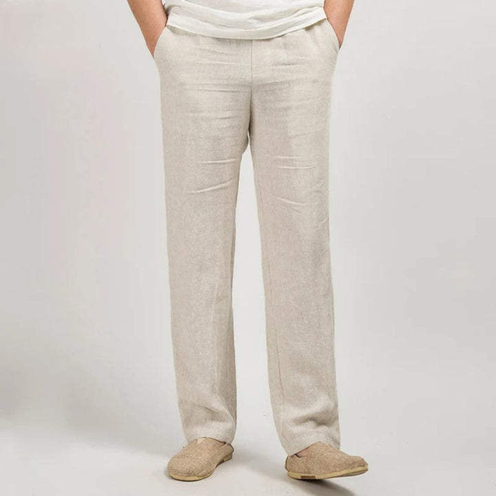 Men's relaxed fit linen trousers with straight leg, lightweight & breathable for summer comfort.