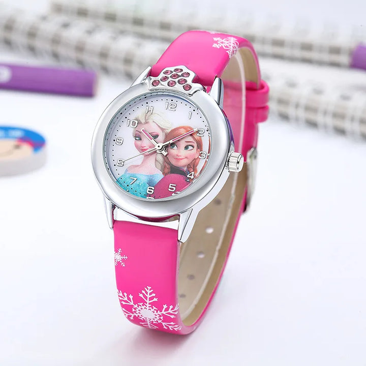 Frozen Princess Elsa kids' watch with blue leather band & magical design. Time teacher for girls.