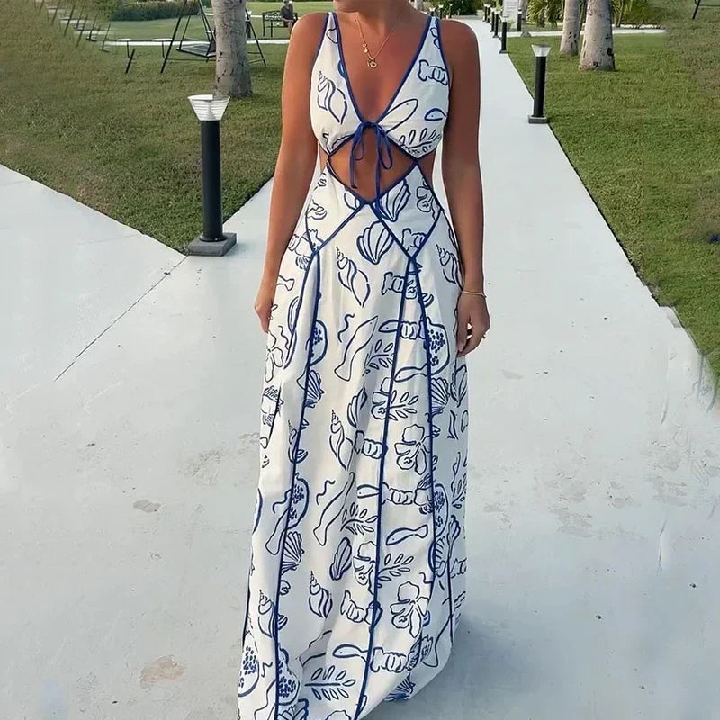 Flowy women's elegant maxi dress featuring an open back, chic bow detail, and subtle blue trim. Spring party wear.