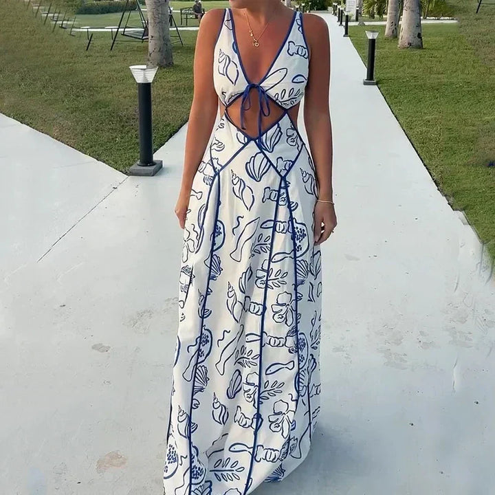 Flowy women's elegant maxi dress featuring an open back, chic bow detail, and subtle blue trim. Spring party wear.