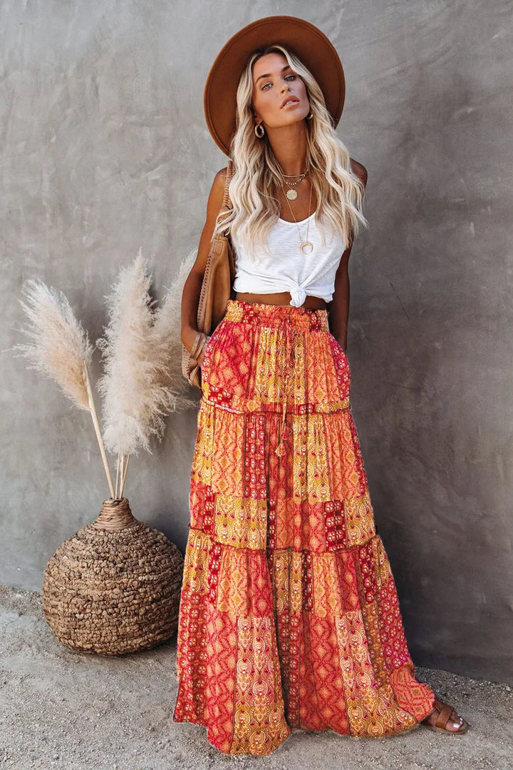 Elegant women's high-waisted A-line floral maxi skirt, offering comfort and style.