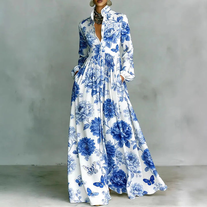 Summer women's floral button maxi dress, flowy and comfortable for warm weather style.