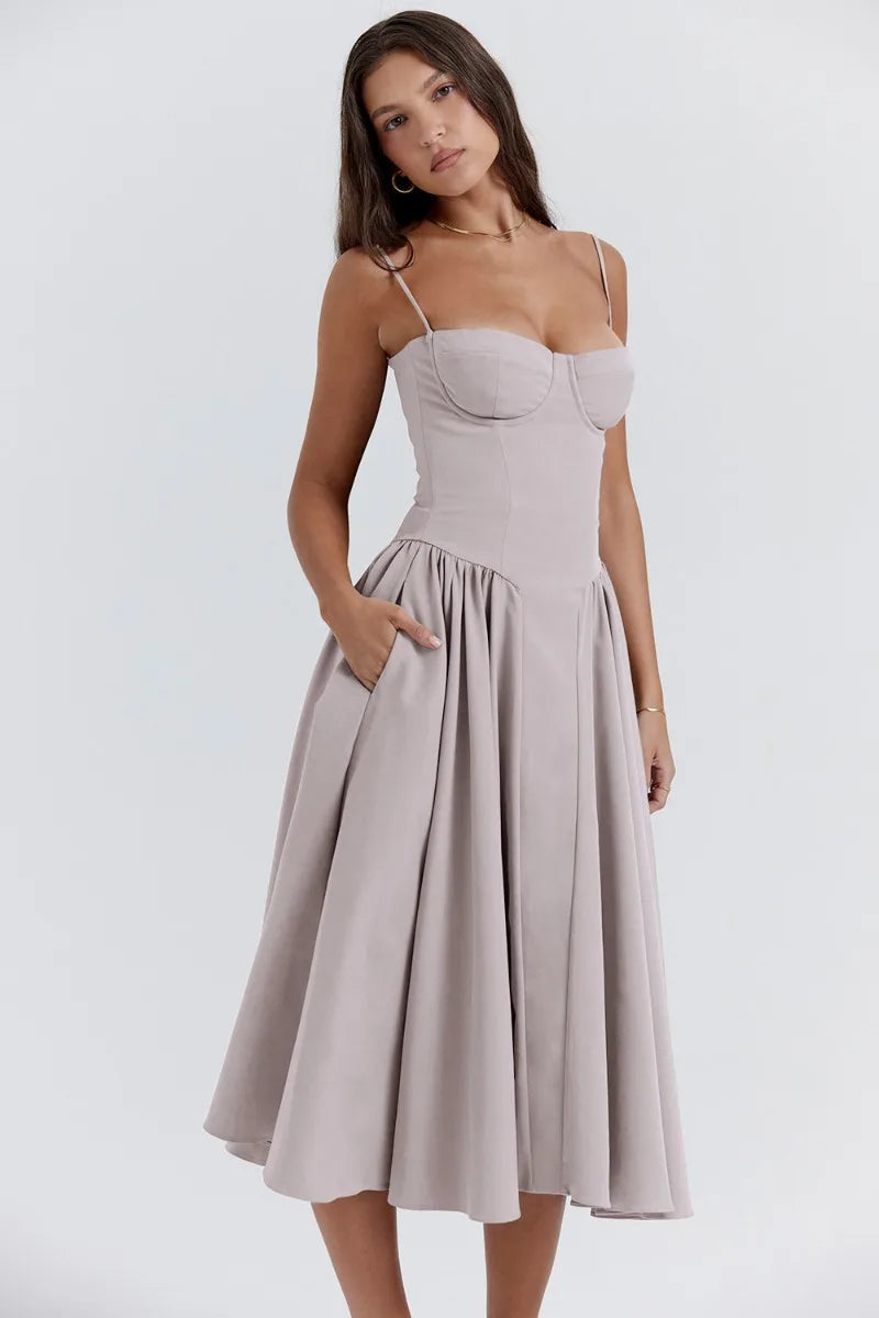 Stunning women's party dress, sleeveless design with a flattering corset and sophisticated midi cut.