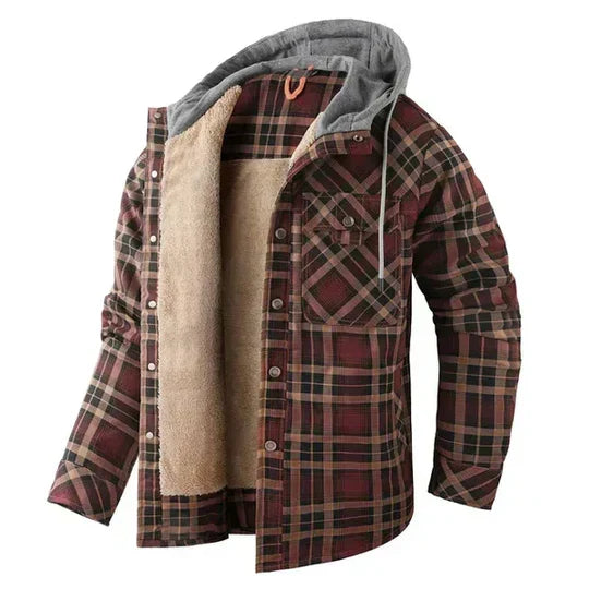 Streetwear men's plaid shacket, perfect hooded shirt jacket for cool weather layering. Mens jackets.