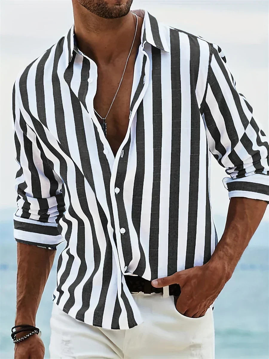 Comfortable men's striped button-down shirt, a lightweight top for summer casual wear & vacation.