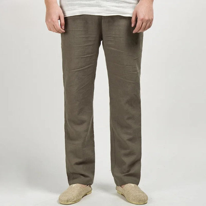 Comfortable men's relaxed fit linen trousers, straight leg design. Ideal lightweight summer pants.