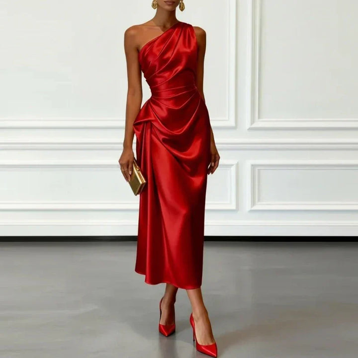 Women's formal one-shoulder midi dress, featuring elegant draping & ruching for a chic evening look.